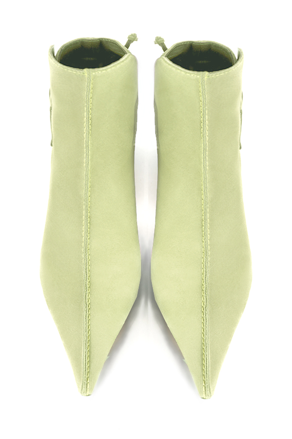 Meadow green women's ankle boots with laces at the back. Pointed toe. High spool heels. Top view - Florence KOOIJMAN